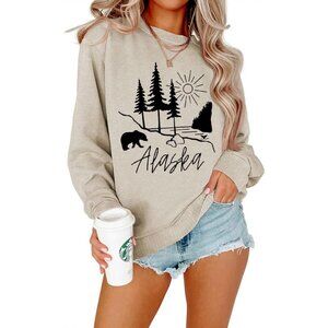Women Cotton Blend Alaska Bear Print Sweater Crew Neck Long Sleeve Casual